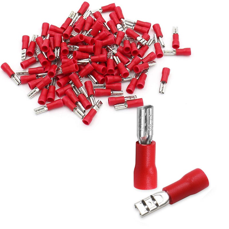 Baomain 0.11" Female Quick Disconnect Spade Terminals,Insulated Crimp Connectors 22-16 AWG 2.8mm,Red, (100-Pack) - Image 1